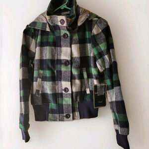 Love Stitch Zip up Plaid Hooded Jacket Women Small 20% wool.